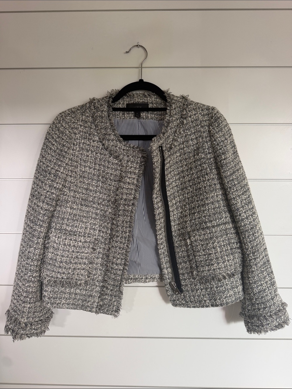 J. Crew Gray Tweed Fringed Zip-Front Jacket